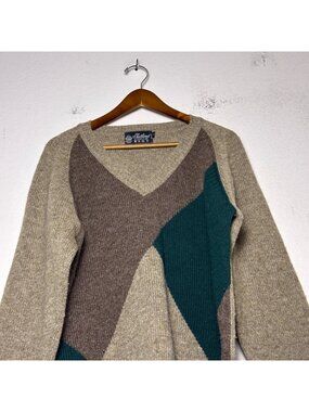 VTG Shetland Knit Pure Wool Argyle Sweater Women 14 Abstract 70s Monsieur Pierre
